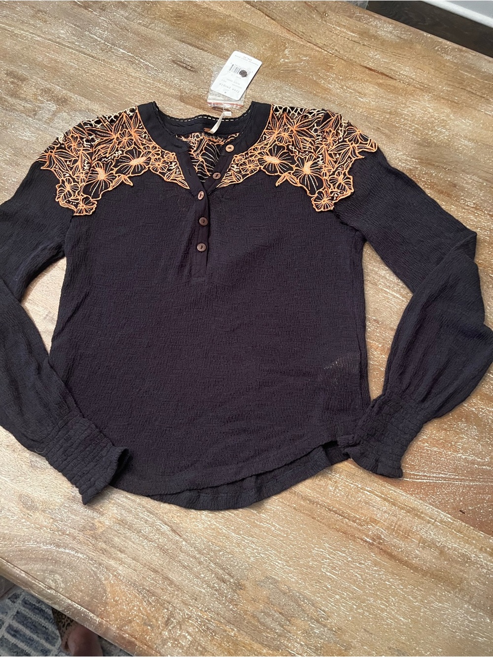 Free People Black Long-Sleeve Henley with Orange Floral Lace Yoke